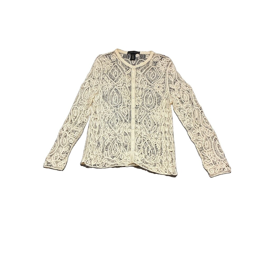 LAUREN RALPH LAUREN Black Label Cream Crochet  Cardigan Jacket Large 100% Cotton